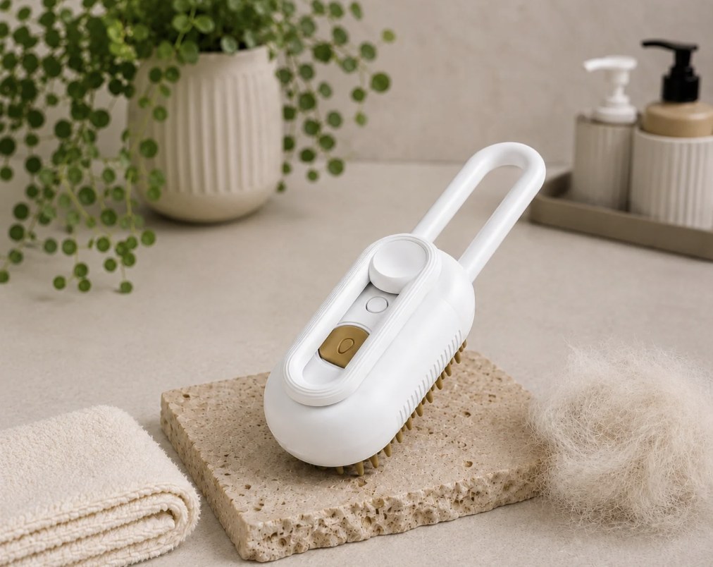 Petbudd 3-in-1 Steam Brush resting on a travertine stone slab beside a ball of shed fur and a folded cream towel