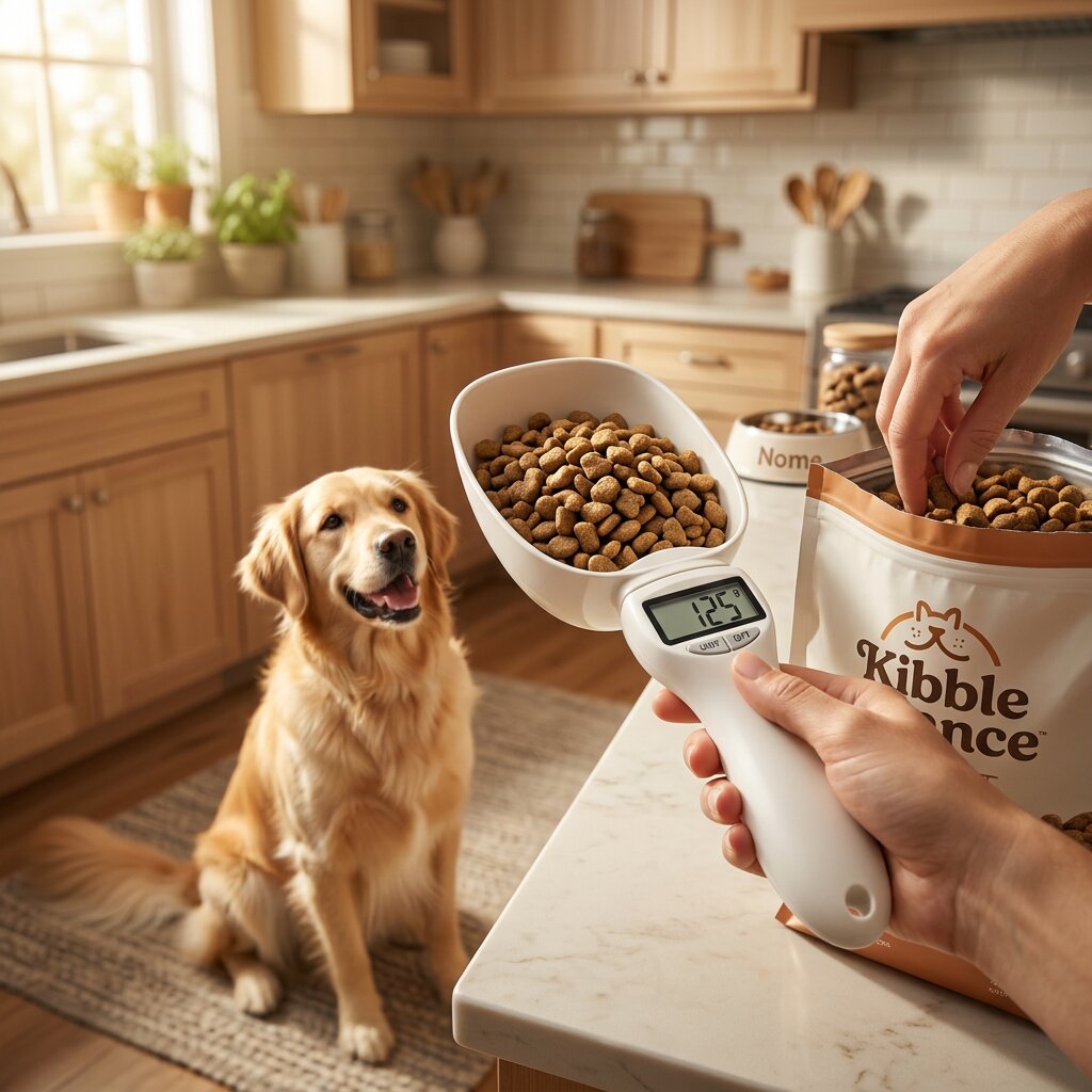 Petbudd digital pet food measuring scoop portioning kibble while a golden retriever waits in a bright kitchen